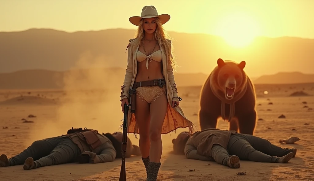Hi quality film still, a lone gunslinger in a desert wasteland surrounded by four dead outlaws, woman, age 40, Jewish, beautiful, wide chin, white pupils, broad shoulders, long blonde hair, dirty white cowboy hat, a long trenchcoat, ribbon tightly wrapped around her chest, exposed midriff, tight shorts, fishnet stockings, bandolier and hunting rifle. drenched in blood, besides her is a roaring bear with a saddle on its back, the setting sun in the distance.