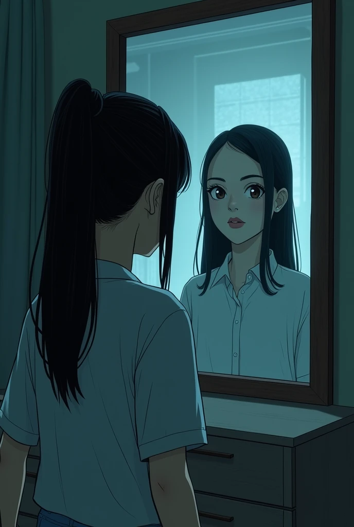 2D Manga style, A young Thai woman, Nok: A  young Thai woman with long, straight black hair tied in a ponytail, wearing a simple blouse and jeans. She has a soft, round face with large, expressive brown eyes. The setting is a university campus, and she exudes a determined and curious demeanor, stares into a mirror in a dimly lit dorm room, but the reflection shows a pale, young woman with long black hair and hollow eyes instead of her own. The room is filled with a sense of dread, with faint, ghostly whispers echoing around her