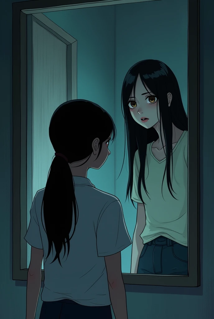 2D Manga style, A young Thai woman, Nok: A  young Thai woman with long, straight black hair tied in a ponytail, wearing a simple blouse and jeans. She has a soft, round face with large, expressive brown eyes. The setting is a university campus, and she exudes a determined and curious demeanor, stares into a mirror in a dimly lit dorm room, but the reflection shows a pale, young woman with long black hair and hollow eyes instead of her own. The room is filled with a sense of dread, with faint, ghostly whispers echoing around her