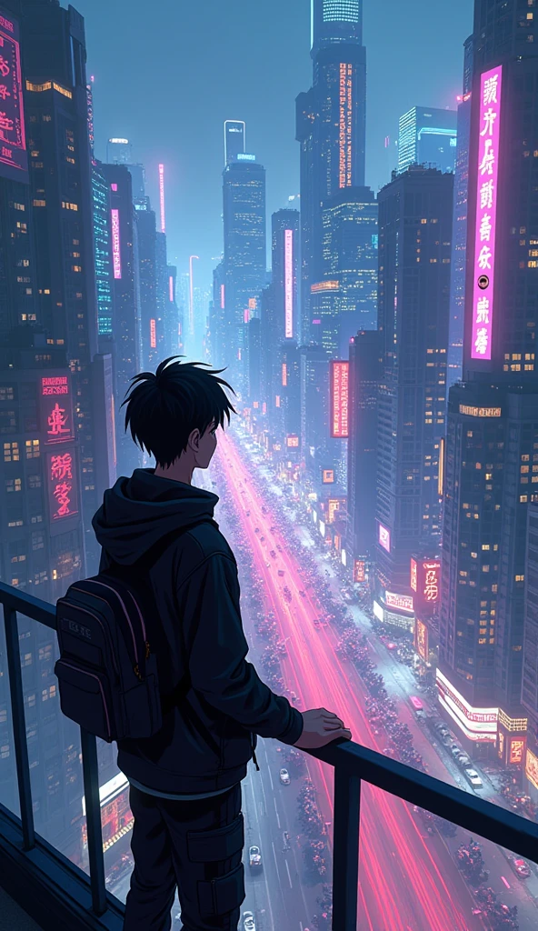 anime neon cyberpunk theme age guy looking at the city from a free balcony of a tallest among all the skyscrapers overlooking a city(wide angle view)(straight angle view from back)(far angle view), makoto shinkai cyril rolando, makoto shinkai. —h 2160, style of afrofuturism aerial view,, ( ( makoto shinkai ) ), makoto shinkai. digital render, makoto shinkai!, beautiful anime scene A cyberpunk city street scene with full of neon lights, and futuristic buildings,The atmosphere is vibrant and bustling with people in high-tech attire, high resolution, captured in crisp detail, The background features a neon-lit cityscape, giving the cyberpunk atmosphere a touch of intimacy and tenderness, eye-level camera angle --s 250 --v 6.0 --no 3D effect, photorealistic.Hawaii, gta vice style , illustration , reteo comic illustration