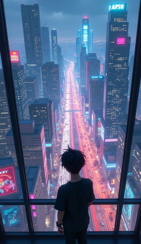 anime neon cyberpunk theme age guy looking at the city from a free balcony of a tallest among all the skyscrapers overlooking a city(wide angle view)(straight angle view from back)(far angle view), makoto shinkai cyril rolando, makoto shinkai. —h 2160, style of afrofuturism aerial view,, ( ( makoto shinkai ) ), makoto shinkai. digital render, makoto shinkai!, beautiful anime scene A cyberpunk city street scene with full of neon lights, and futuristic buildings,The atmosphere is vibrant and bustling with people in high-tech attire, high resolution, captured in crisp detail, The background features a neon-lit cityscape, giving the cyberpunk atmosphere a touch of intimacy and tenderness, eye-level camera angle --s 250 --v 6.0 --no 3D effect, photorealistic.Hawaii, gta vice style , illustration , reteo comic illustration