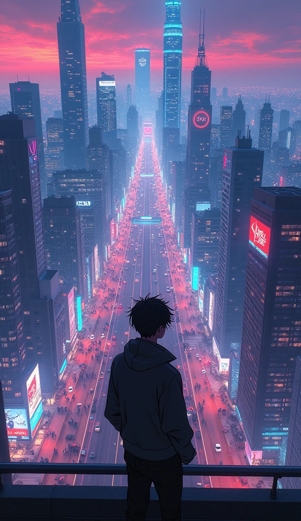 anime neon cyberpunk theme age guy looking at the city from a free balcony of a tallest among all the skyscrapers overlooking a city(wide angle view)(straight angle view from back)(far angle view), makoto shinkai cyril rolando, makoto shinkai. —h 2160, style of afrofuturism aerial view,, ( ( makoto shinkai ) ), makoto shinkai. digital render, makoto shinkai!, beautiful anime scene A cyberpunk city street scene with full of neon lights, and futuristic buildings,The atmosphere is vibrant and bustling with people in high-tech attire, high resolution, captured in crisp detail, The background features a neon-lit cityscape, giving the cyberpunk atmosphere a touch of intimacy and tenderness, eye-level camera angle --s 250 --v 6.0 --no 3D effect, photorealistic.Hawaii, gta vice style , illustration , reteo comic illustration
