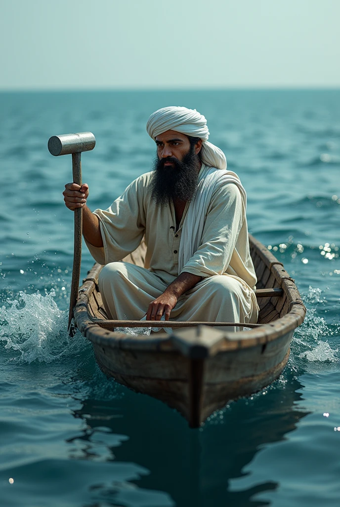 Stupid Taliban leader, big bearded, big white Afghan turban, Afghan dress, sitting in small old wooden boat, in Center of blue ocean, broke boat in half with sharp hammer ,drowning, drowning, realistic details