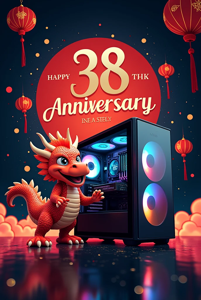 Generate a MSI anniversary card saying " happy 38 anniversary" featuring MSI Lucky dragon and MSI PC