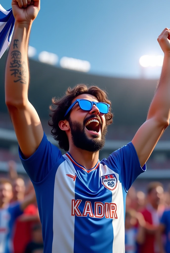Show a Hertha Berlin football fan with flag in the stadium.
He has black hair and a beard. On his Hertha jersey is written Kadir. He also wears sunglasses Hertha club colors are white blue
