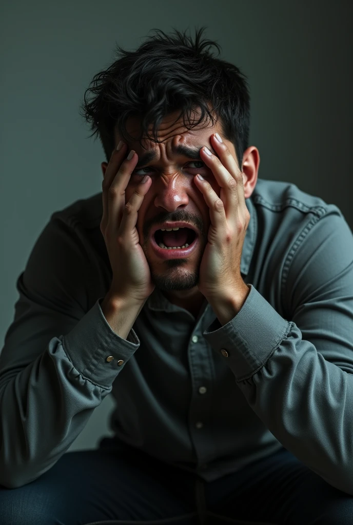 (photorealism:1.2), A man ((seated)) crying 