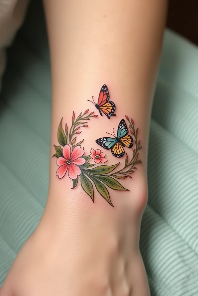 leaf bracelet tattoo with butterflies and flowers