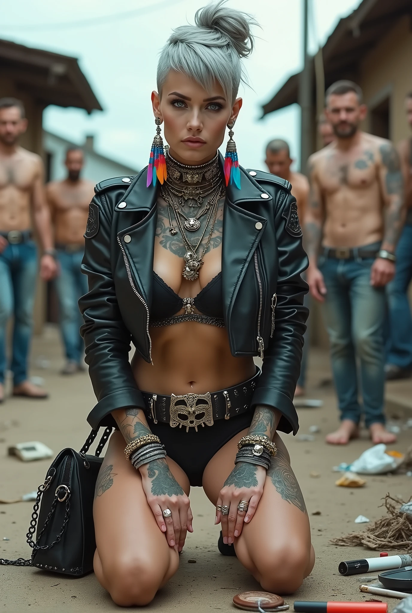 russian milf woman, grey hair (pouf, and top bun and shaved sides) and oversized square maxi sunglasses as headband, with very light blue eyes, extremely pale. Wearing aged black cropped moto jacket with padded shoulders with lots of zippers and pins; black bikini, flip flops . Visible purple thong straps. Dirty knees and dusty hands. Lots of metallic bracelets, lots of boho pendants and lots of colourful beads collars. Tacky wide studded leather belt with oversized skull and bones buckle. Long boho earrings with colourful feathers. Kneeling like in a payer, looking up, chin up, stretching her neck , humble facial expression. Hands on her knees, showing off bracelets and rings. studded black leather tote bag with chains on the floor, next to her.. Listening in amazement to somebody speaking to her, well toned abdominals, thin neck, slim legs and thin arms. Tattoed heavily on chest and hands. Dirt street in Kenian village full of waste. A lot of tanned shirtless fat men in jeans around looking at her. next to her, all her belongings scattered on the floor: makeup kit, little makeup mirror, studded black leather tote bag, lipstick, wallet, moble etc on the floor