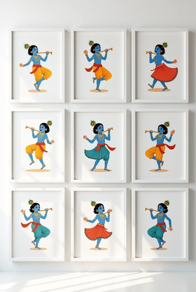 A bunch of krishna illustration dancing different pictures in 9 white frames three A3 size and six A4 size mounted on the white wall for branding and wishing janmashtami 