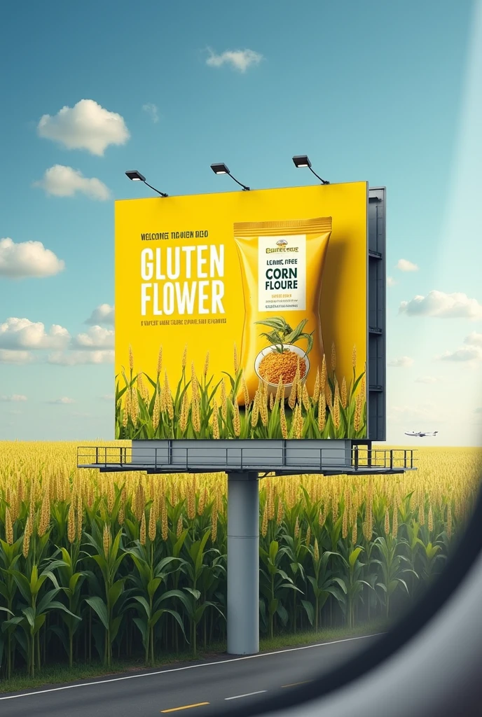 Create a disruptive image to promote gluten-free corn flours, The billboard will be placed in an airport terminal to welcome travelers to their destination., The campaign aims to show that you can travel without limits by eating gluten-free flours and live the fullness of your travels with a green cornfield in the background seen from the plane. 