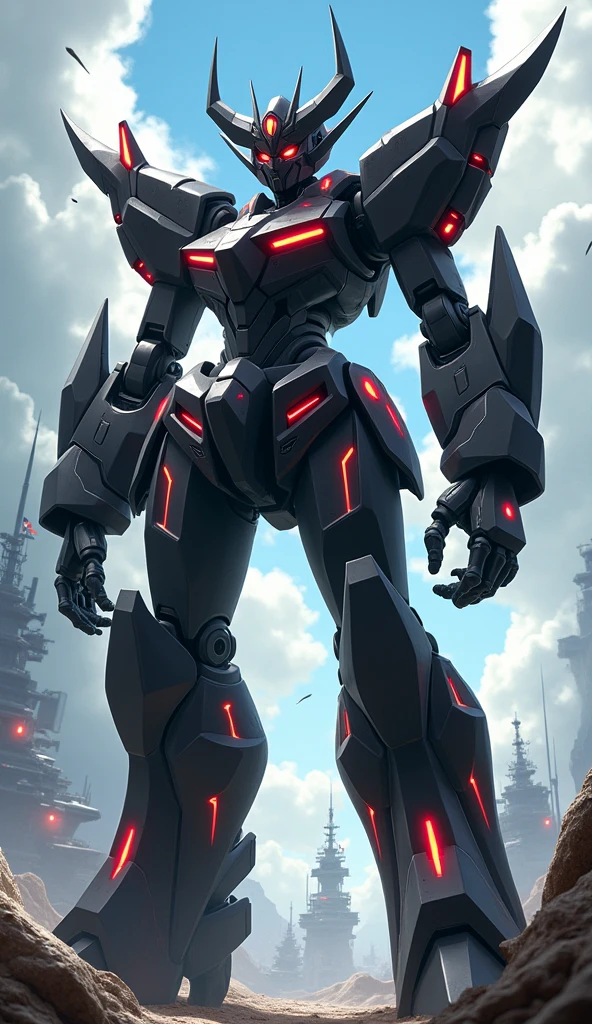 Anime Style, Giant Robot, Full body image of a demonic black and red female super robot universe, Battleship,