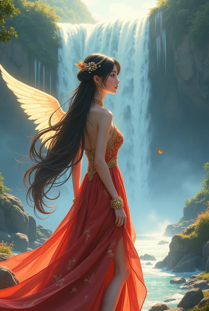 A stunning anime girl with long, flowing dark hair adorned with delicate golden hairpieces stands gracefully near a spectacular waterfall. She wears a vibrant, intricately embroidered Iranian formal dress, featuring rich colors and floral patterns. The sunlight sparkles off the water, creating a magical atmosphere as her soft, pearly wings shimmer in the light.