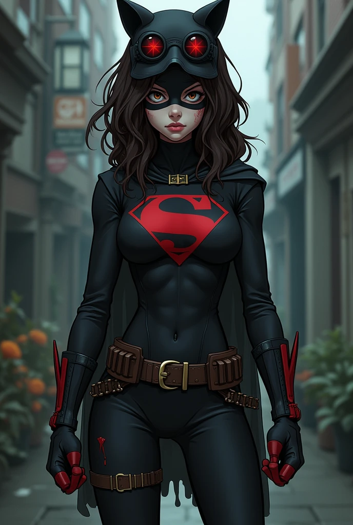 1 teenage girl. estilo DC Young Justice. dark brown hair, Wavy and disheveled below the shoulders, tired brown eyes with dark circles, almost pale white complexion,1.65 m, slim and agile build. Black vigilante suit with dark red details, remembering the blood. Boots and gloves with dark red details and claw-like nails. Black mask with night vision lenses like wolf eyes. Belt with tools