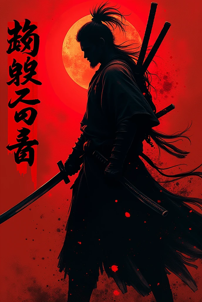 Text "Demon Slayer" bloody Katana, action scen, red and black theme, character from demon slayer, text " demon slayer" in background