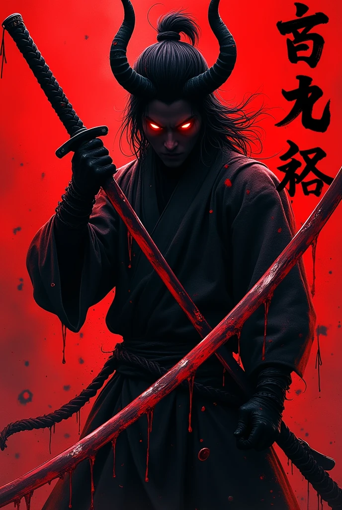 Text "Demon Slayer" bloody Katana, action scen, red and black theme, character from demon slayer, text " demon slayer" in background