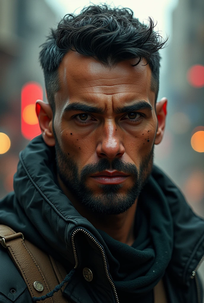 A man with warm brown skin, short black hair, thick eyebrows, almond-shaped dark eyes, a straight nose, full lips, and a neatly trimmed beard. He has a strong jawline and a serious, confident expression. Cyberpunk