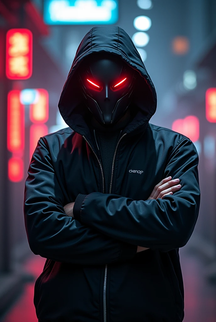 A man, with neon red eyes, hacker theme, with a mask, background light, de braços cruzados