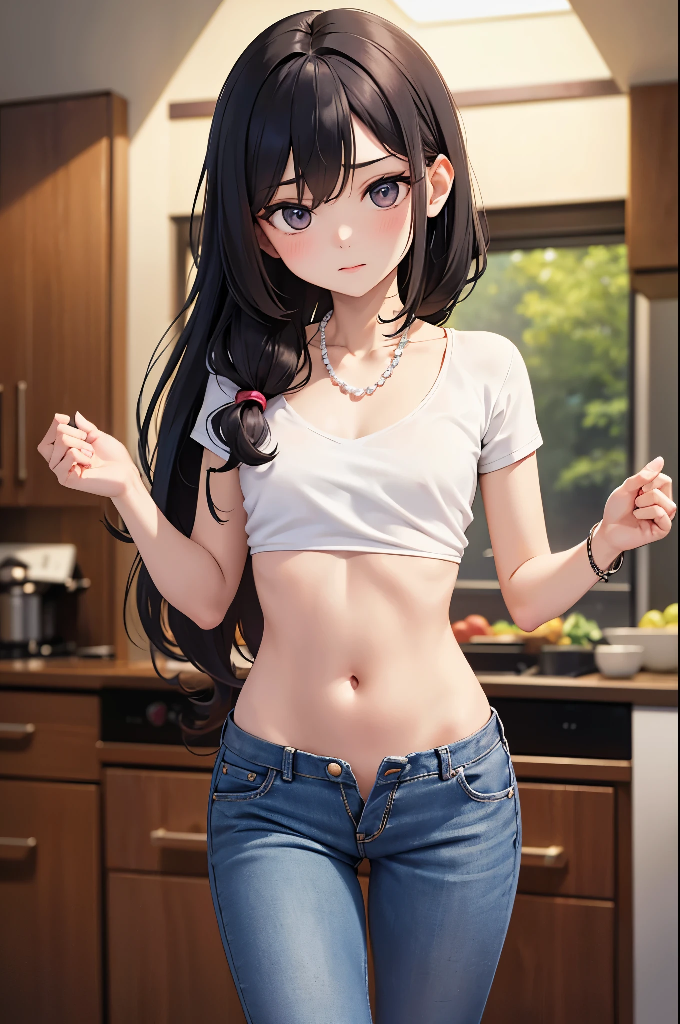 Very detailed illustrations, bright colors, Masterpiece, Sharp focus, best quality, depth of field, movie light, very detailed, collarbone, t-shirt, short sleeve, milf, 1 woman, alone, Diaphragm, abdomen, ปุ่มabdomen, Large navel, kitchen, ceiling, close up, looking down, Medium bust, curly hair, long hair, low waist, Jeans, pearl necklace, put on makeup, dark black hair, annoying, from below, very slim, Slender waist, small hips, , Slender waist, small hips, Slender waist, small hips, Slender waist, small hips, ((wide เปิดหน้าabdomen))、((เปิดหน้าabdomen))、((wide Open the navel))、((Open the navel))、((abdomenเปลือย))、((low waistเป็นพิเศษ))、 ((Navel expulsion))、((small hips))、((full image display))、((small hips))、((low waistเป็นพิเศษ))、((standing))、)