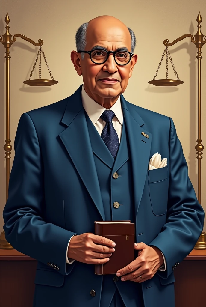 Create a dignified portrait of Dr. B.R. Ambedkar. He should be wearing his iconic blue suit, round glasses, and holding a book, symbolizing his intellect and scholarship. The background should be simple yet elegant, with subtle elements representing justice, like scales or a gavel.