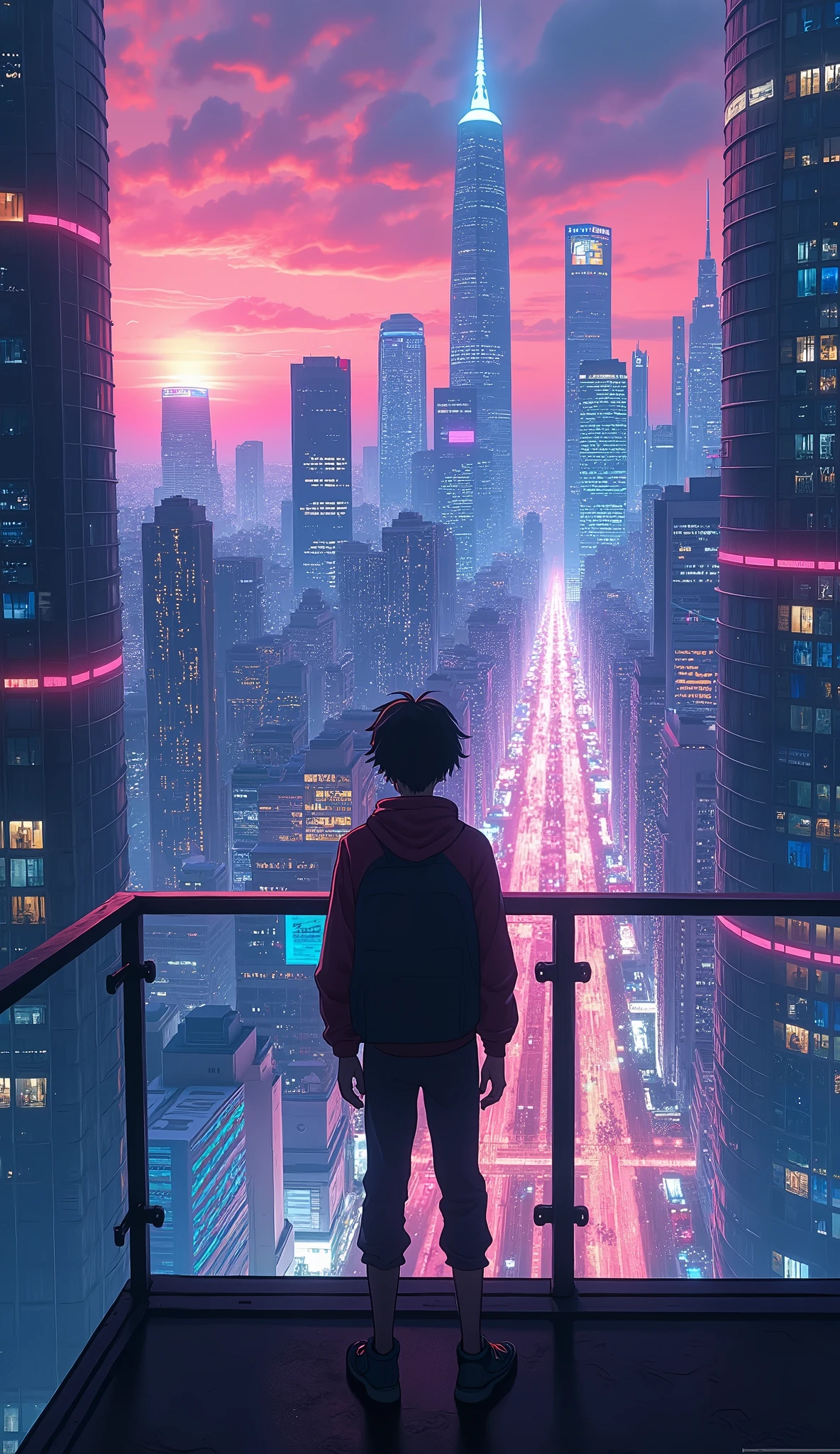 anime neon cyberpunk theme teenage guy looking at the city from a free balcony of a tallest among all the skyscrapers overlooking a city(wide angle view)(straight angle view from back)(far angle view), makoto shinkai cyril rolando, makoto shinkai. —h 2160, style of afrofuturism aerial view,, ( ( makoto shinkai ) ), makoto shinkai. digital render, makoto shinkai!, beautiful anime scene A cyberpunk city street scene with full of neon lights, and futuristic buildings,The atmosphere is vibrant and bustling with people in high-tech attire, high resolution, captured in crisp detail, The background features a neon-lit cityscape, giving the cyberpunk atmosphere a touch of intimacy and tenderness, eye-level camera angle --s 250 --v 6.0 --no 3D effect, photorealistic.Hawaii, gta vice style , illustration , reteo comic illustration