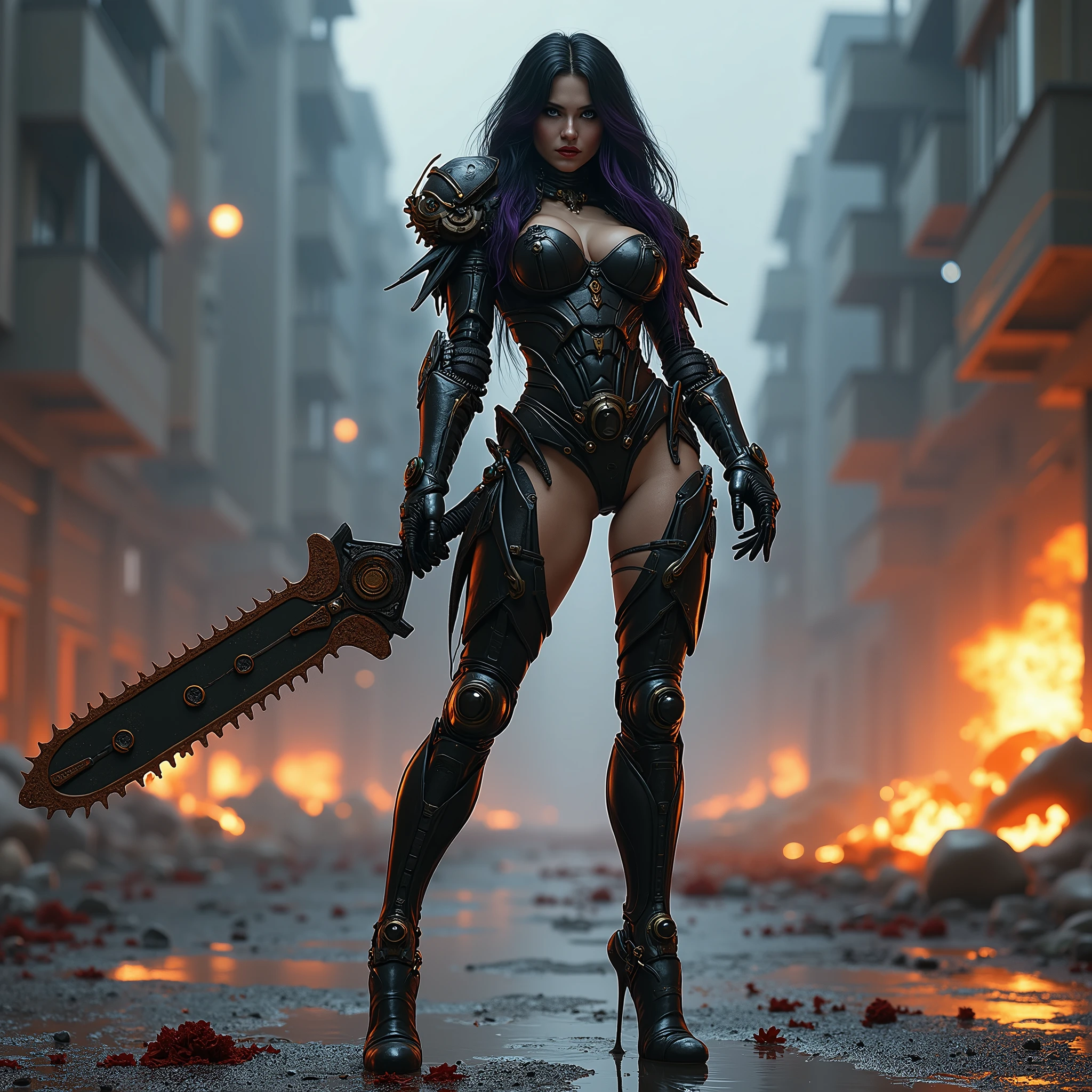 full body pose, wearing a mechanical suit, high heel boots,Mechanical wonder, Cyberpunk, Cybernetic Guardian, futuristic black armor, full body, front pose, symmetry, intricate (steel metal [rust]), joints, warframe style, cyborg, Most beautiful female body and revealing armor, large breast, seductive, temptation, eat your soul, cleavage, covered in blood, long flowing black hair with purple highlights, heavy gothic makeup, at night, blood puddles on the ground, wartorn ruins, stiletto heels, Holding a futuristic Chainsaw sword, full body action pose, full body combat pose, full war around her, explosions and fire 