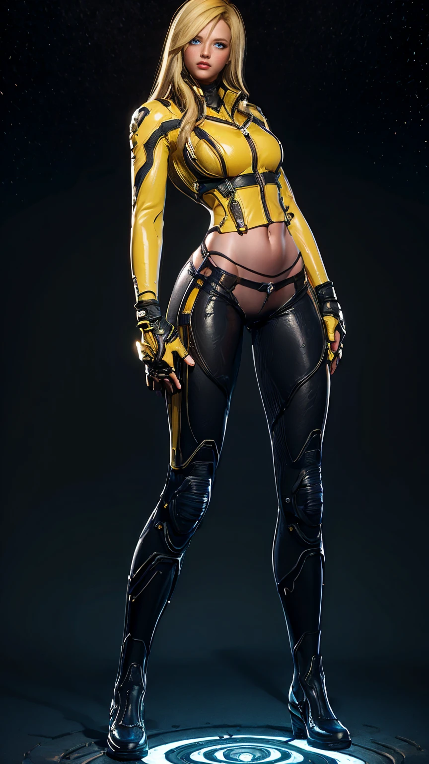 Elena from star ocean 6, long yellow hair in loose sheaf, sapphire blue eyes, skin tight ultra-low-rise leather pants, fitted yellow jacket 3/4 cropped, (black motorcycle boots), holding futuristic beam weapon, in various fighting poses, highly detailed face, intricately detailed hands, best hands, perfect, background of vivid cosmic swirls of color, 16k, masterpiece, award winning digital art, strong_negative