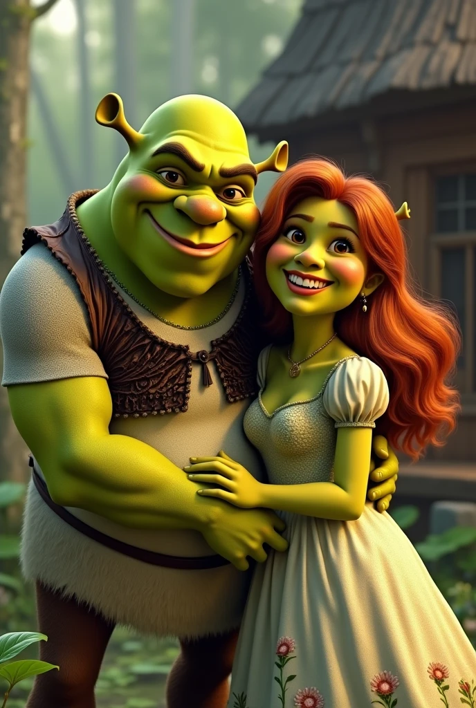 Fiona and Shrek smiling very happily at the camera