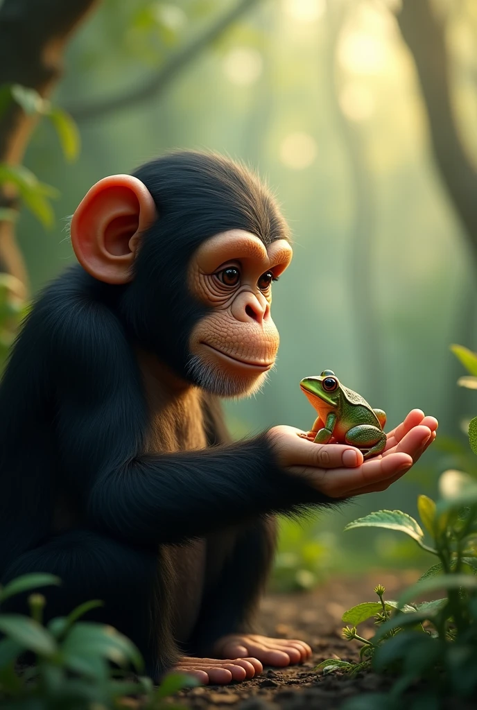 I need a picture of chimpanzee touching frog 