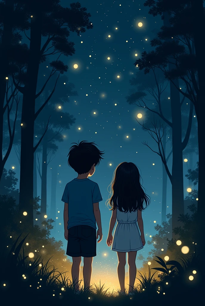 Boy and girl watching fire flies at night in a dark forest boy is wearing blue T shirt black full pants and the girl is wearing short white sleeveless jumpsuit 