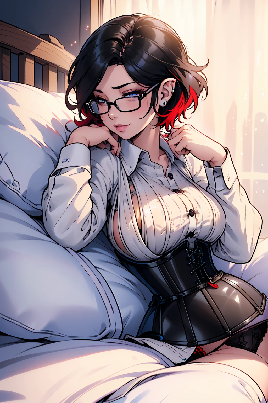 (1girl, solo, alone), (WakatsukiRisa, Sarada Uchiha, black hair, short hair, black eyes, red glasses), ((solo, (1woman, pink lipstick, (small breasts), black eyes), Extremely detailed, ambient soft lighting, 4k, perfect eyes, a perfect face, perfect lighting, a 1girl)), austere, ((fitness, muscular, shapely body, athletic body, toned body)), ((topless, nude breasts, denim shorts, mini denim shorts, long white stockings, (thigh highs, crochet white stockings, wool white stockings), in bed, kneeling on the bed, legs open, blushing room, poster, blushing, shy)), bukkake