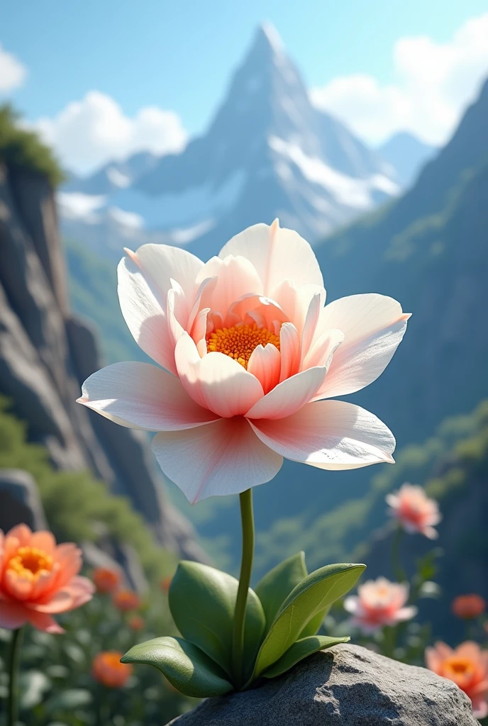 White flower with a pink center and orange edges on the petals, in a mountain 