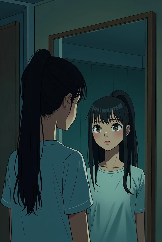 2D Manga style, A young Thai woman, Nok: A  young Thai woman with long, straight black hair tied in a ponytail, wearing a simple blouse and jeans. She has a soft, round face with large, expressive brown eyes. The setting is a university campus, and she exudes a determined and curious demeanor, stares into a mirror in a dimly lit dorm room, but the reflection shows a pale, young woman with long black hair and hollow eyes instead of her own. The room is filled with a sense of dread, with faint, ghostly whispers echoing around her
