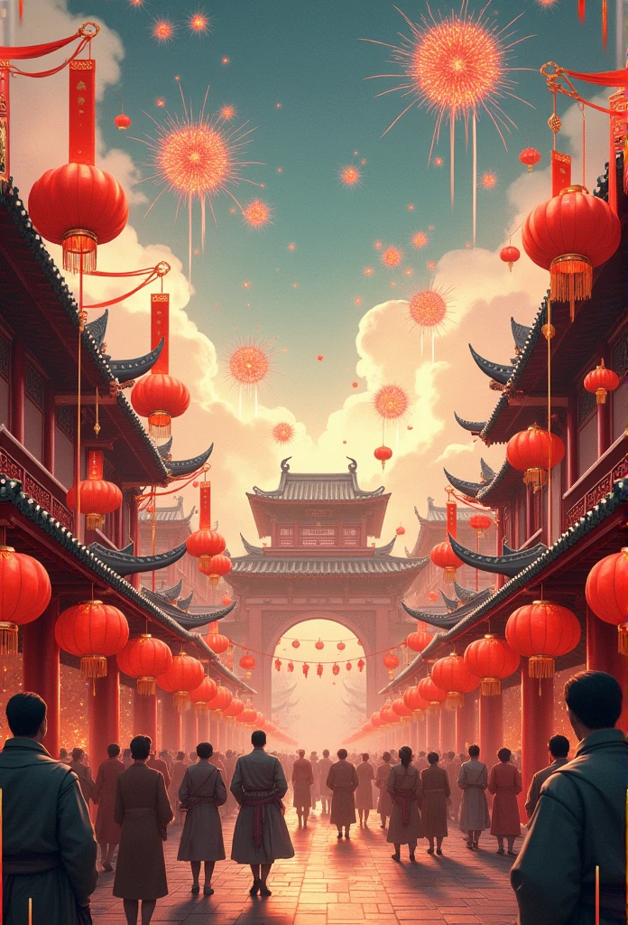 Street picture in CG game,Full of Chinese elements,The Lunar New Year is just around the corner,The festive atmosphere is strong,The streets are crowded, a manor is visible in the distance, Fireworks in the sky,The style of medieval illustrations, Symbolic figurative landscapes, Light red and silver, Vintage poster design, Organic Art Nouveau, Saturated pigment pool, woodcut print