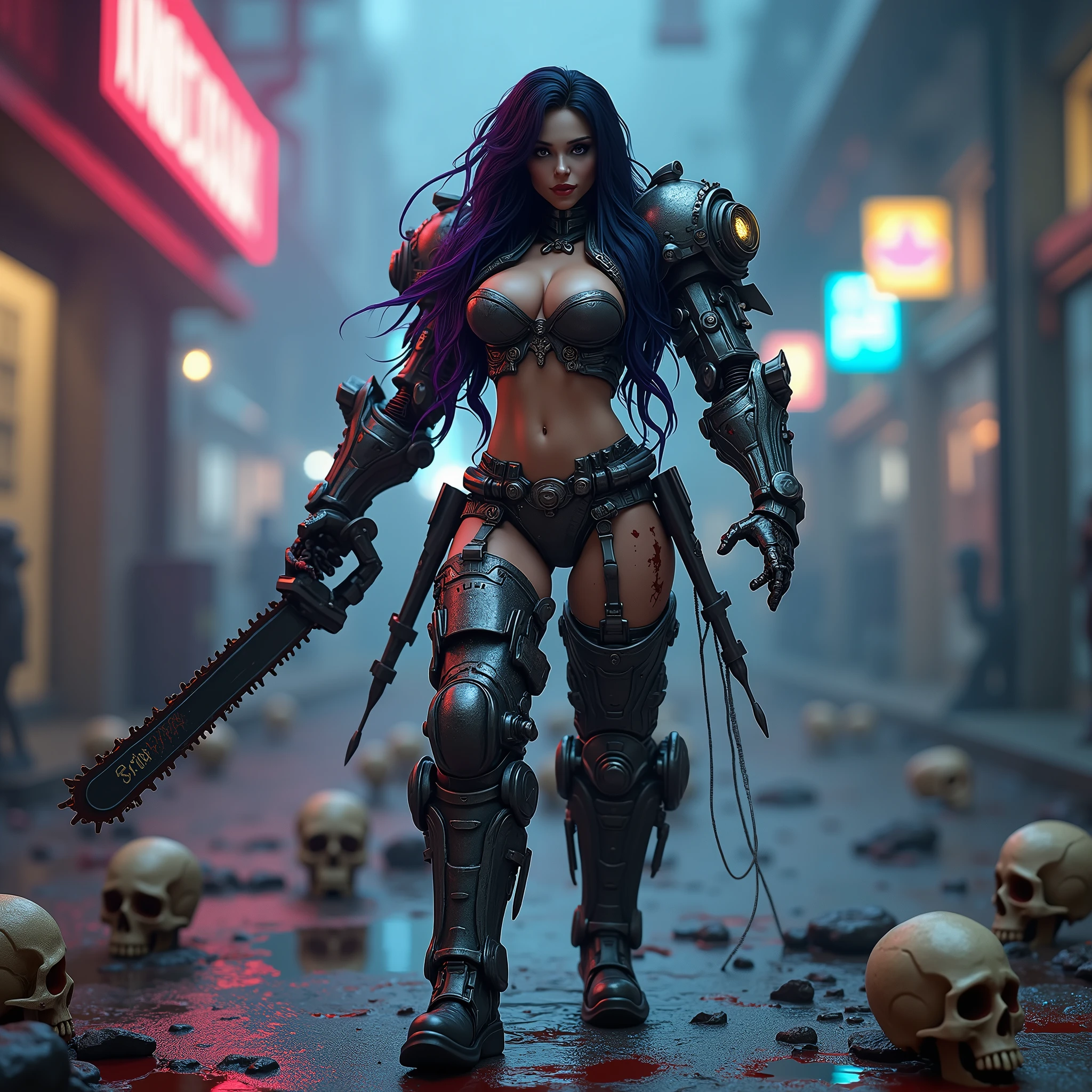 full body pose, Wearing a mechanical suit, high-heels,Mechanical wonders, cyberpunk, Cybernetics Guardians, Armor of the future, full body, front pose, symmetrical, complicated (Metal Iron [rust]), joint, Warframe Style, Cyborg, The female body is muscular and armored., big breast, charming, Temptation, Eat your soul, rift, , Long, flowing black hair with purple highlights., Heavy gothic makeup, at night, neon, The skull is on the ground., Water stagnant on the floor, Chainsaw Woman 