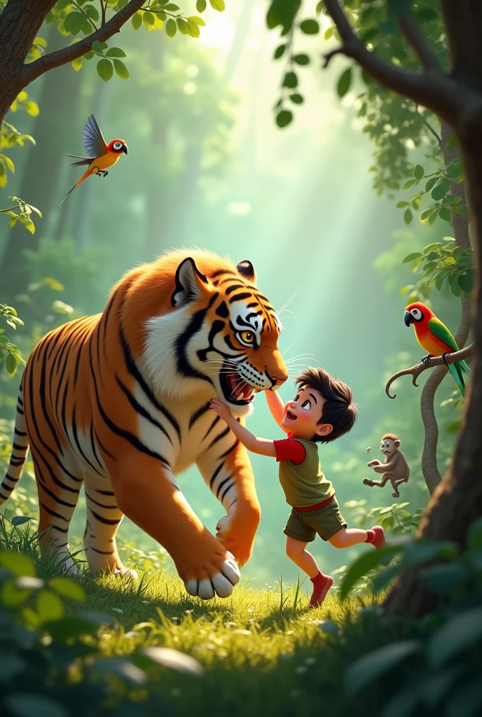 Ali and the tiger playing in the jungle: Ali and the tiger are seen playing together in the jungle. They are laughing and having fun, surrounded by trees and wildlife.