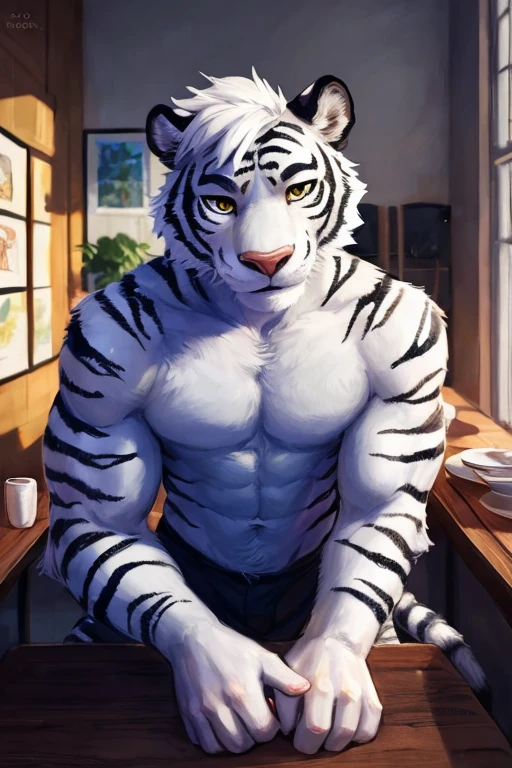 (((inside of a small Cafe standing behind the table with the POV of you sitting at the table looking at the waiter  ,the waiter is a light gray tiger shark with white hair male standing up with big muscle, An artwork,))), big chest wearing clothing , day, , sensual, detailed, uploaded to e621, beautiful and detailed portrait of an anthropomorphic , (((male))) uploaded to e621, zaush, foxovh, movie lighting, thicc, alone, movie cover, detailed, 8k res, hires, detailed eyes, good anatomy, good perspective, towards viewer, by bebebebebe, by sicklyhypnos, by gerkk, by orf, nice hands, perfect hands, happy, romantic, ray tracing lighting, rtx on