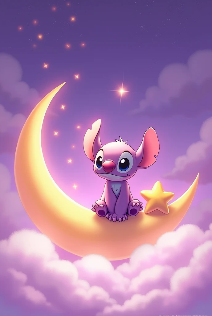 stitch (Lilo y stitch) sitting on a crescent moon and a star next to it... In pink with purple anime type