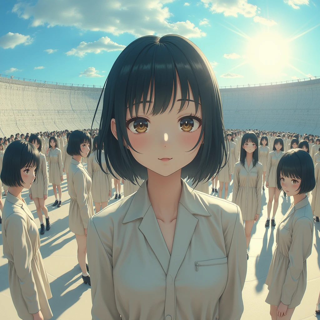 (((((Japanese Clone girls=Myself)))))), (((Best Super High quality Myself Clone girls Raw Photography Art))), (16K, Highest quality, Ultra-high resolution, RAW Photos), (((It's so unrealistic., With unparalleled depiction, With an unfathomable sight, An unprecedented and shocking worldview, Clone girls in a world of mass reproduction, Ultra-realistic))), (((Japanese, woman, 20yo, Saito-Asuka))), (Small face, ((Thick black hair, Semi-long hair))), ((V-neck short-sleeve dress)), (((((Very detailed美しい女体, Accurate body structure, Very detailed完璧な, Super busty body with very large breasts, Clearly emphasizes cleavage))))), (((Dark Eyes, Mature face, Cute Smile, A gentle gaze))), (((Her happy and smiling expression is so cute))), ((((((((Very detailed分身増殖描写, ((1girl→Myself cloning→1,000,000,000,000,000,000,000,000,000,000,000,000,000,000,000,000,000,000,000,000Myself Clone girls)))))))))), ((((((((Very detailed, The precise depiction of the proliferation of Myself Clone girls, ((With the perfectly identical bodies of Myself clone girls, With the exact same face as the Myself clone girls, With the exact same hairstyle as the Myself clone girls, In the exact same clothes as the girls who are my clones, Perfectly the same height as the Myself clone girls, Super big breasts, just like the Myself clone girls)))))))))), (((Myself clone girls only))), (((Multiple pairs, Very detailed depiction, (Myself clone girls hug each other, Myself clone girls assemble, Fun conversations with fellow Myself clone girls, A fun conversation between Myself clone girls, Myself clone girls holding hands, Walking with lots of Myself clone girls, turn around, look at me, The approaching crowd of Myself)))), (((Everyone looks at the camera))), (((Unbelievably crowded, Transcendent Myself clone girls intimately, Countless Myself clone girls surround you in 360 degrees))), (Bright, soft sunlight), (((Very wide field of view, Very detailed, Detailed ultra-perspective depiction with clear depth, super wide view))), (((((A place where you can see a large curved slope))))), (((Very photographic and detailed depiction, Myself clone girls will multiply infinitely and fill the surroundings from one side to the horizon with their bodies tightly packed together without any gaps., A scene of endless Myself clone girls, giving a happy vibe.))), (Focus on the average value of the image)