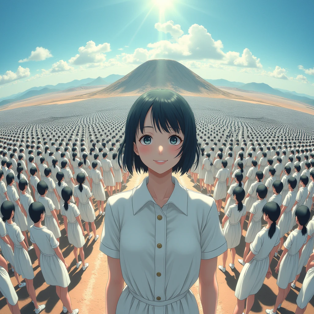 (((((Japanese Clone girls=Myself)))))), (((Best Super High quality Myself Clone girls Raw Photography Art))), (16K, Highest quality, Ultra-high resolution, RAW Photos), (((It's so unrealistic., With unparalleled depiction, With an unfathomable sight, An unprecedented and shocking worldview, Clone girls in a world of mass reproduction, Ultra-realistic))), (((Japanese, woman, 20yo, Saito-Asuka))), (Small face, ((Thick black hair, Semi-long hair))), ((V-neck short-sleeve dress)), (((((Very detailed美しい女体, Accurate body structure, Very detailed完璧な, Super busty body with very large breasts, Clearly emphasizes cleavage))))), (((Dark Eyes, Mature face, Cute Smile, A gentle gaze))), (((Her happy and smiling expression is so cute))), ((((((((Very detailed分身増殖描写, ((1girl→Myself cloning→1,000,000,000,000,000,000,000,000,000,000,000,000,000,000,000,000,000,000,000,000Myself Clone girls)))))))))), ((((((((Very detailed, The precise depiction of the proliferation of Myself Clone girls, ((With the perfectly identical bodies of Myself clone girls, With the exact same face as the Myself clone girls, With the exact same hairstyle as the Myself clone girls, In the exact same clothes as the girls who are my clones, Perfectly the same height as the Myself clone girls, Super big breasts, just like the Myself clone girls)))))))))), (((Myself clone girls only))), (((Multiple pairs, Very detailed depiction, (Myself clone girls hug each other, Myself clone girls assemble, Fun conversations with fellow Myself clone girls, A fun conversation between Myself clone girls, Myself clone girls holding hands, Walking with lots of Myself clone girls, turn around, look at me, The approaching crowd of Myself)))), (((Everyone looks at the camera))), (((Unbelievably crowded, Transcendent Myself clone girls intimately, Countless Myself clone girls surround you in 360 degrees))), (Bright, soft sunlight), (((Very wide field of view, Very detailed, Detailed ultra-perspective depiction with clear depth, super wide view))), (((((A place where you can see a large curved slope))))), (((Very photographic and detailed depiction, Myself clone girls will multiply infinitely and fill the surroundings from one side to the horizon with their bodies tightly packed together without any gaps., A scene of endless Myself clone girls, giving a happy vibe.))), (Focus on the average value of the image)
