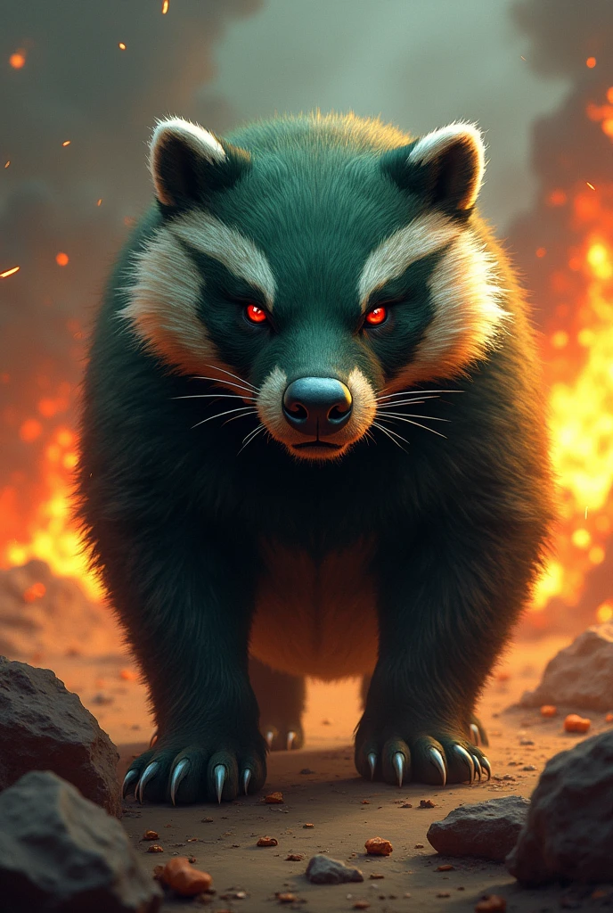 Last stand feral badger green-black gradient fur red eyes. Fire in background, 50% focus on european badger, friendly badger, bunker in background