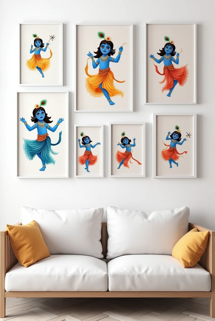 A bunch of krishna illustration dancing different pictures in 9 white frames three A3 size and six A4 size mounted on the white wall and a couch for branding and wishing janmashtami