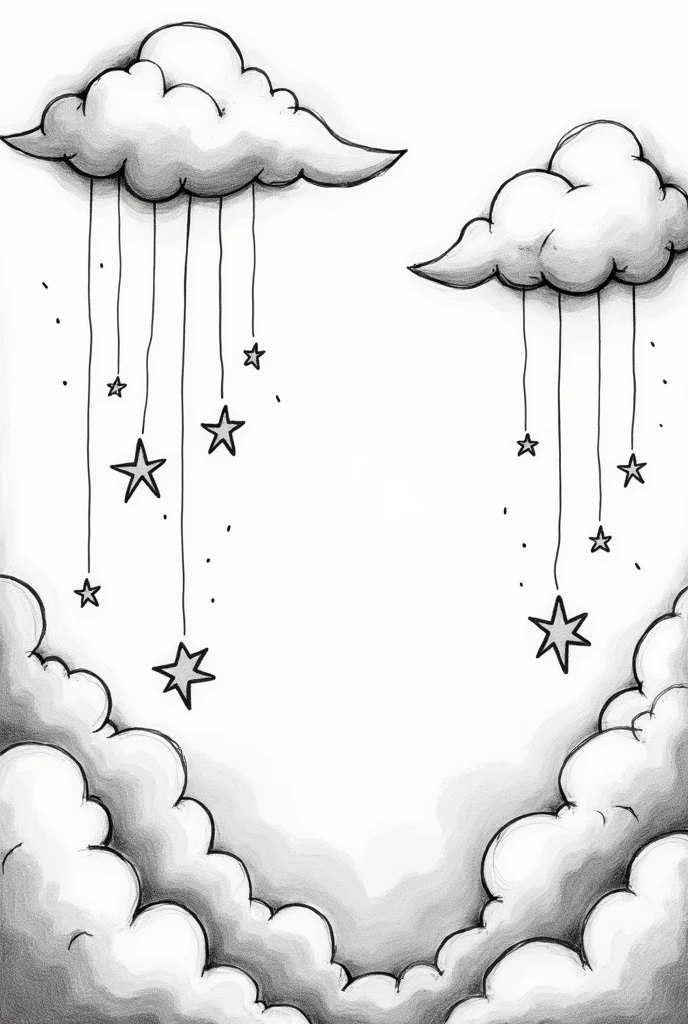 Black and white and drawn clouds, with stars hanging from the clouds by threads