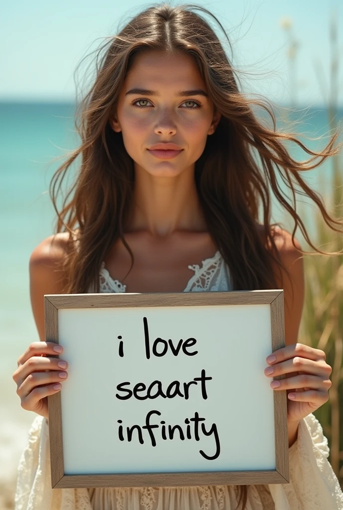 Beautiful girl with wavy long hair, bohemian dress, holding a white board with text "I Love Seaart Infinity" and showing it to the viewer