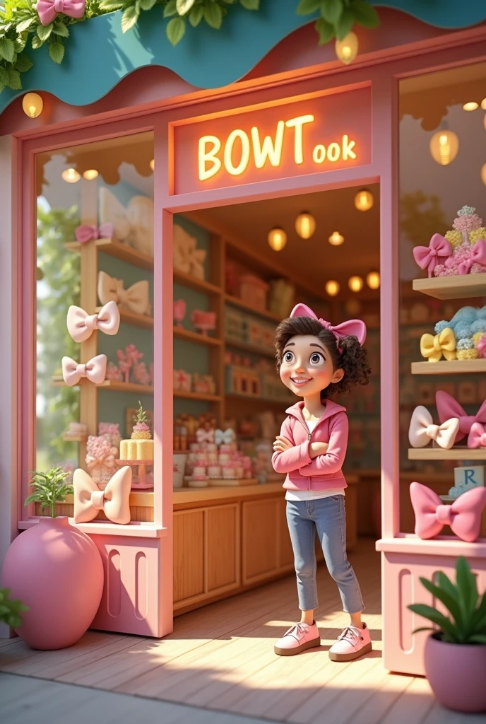 Create a beautiful pixar style business selling pastel colored bows