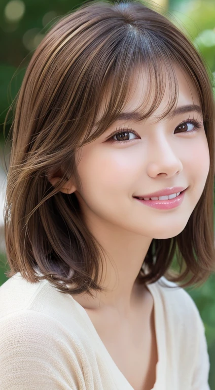 Happy smile seeing this、In the city、(Highest quality,8K quality,masterpiece:1.3,),(Ultra-high resolution:1.3,Realistic:1.4,RAW Photos:1.2),(Very detailed:1.2,Glowing Skin,Detailed skin:1.1),(Detailed face,Perfect ???????,Caustics:1.2),,1 person,cute,Japanese,1,Japanese Ido,Brown Hair, [(Brown to blonde gradation:1.4):0.6], Medium Hair,Curl short hair outward,cute目,Natural Makeup,bright casual clothes,Laughter,Looking into the camera,On the face,Face Focus,Professional Lighting,Natural soft light,
