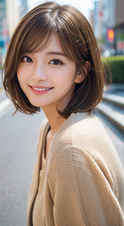 Happy smile seeing this、In the city、(Highest quality,8K quality,masterpiece:1.3,),(Ultra-high resolution:1.3,Realistic:1.4,RAW Photos:1.2),(Very detailed:1.2,Glowing Skin,Detailed skin:1.1),(Detailed face,Perfect Anatomy,Caustics:1.2),,1 person,cute,Japanese,1,Japanese Ido,Brown Hair, [(Brown to blonde gradation:1.4):0.6], Medium Hair,Curl short hair outward,cute目,Natural Makeup,bright casual clothes,Laughter,Looking into the camera,On the face,Face Focus,Professional Lighting,Natural soft light,