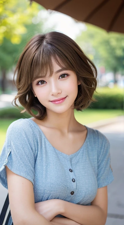 Happy smile seeing this、In the city、(Highest quality,8K quality,masterpiece:1.3,),(Ultra-high resolution:1.3,Realistic:1.4,RAW Photos:1.2),(Very detailed:1.2,Glowing Skin,Detailed skin:1.1),(Detailed face,Perfect Anatomy,Caustics:1.2),,1 person,cute,Japanese,1,Japanese Ido,Brown Hair, [(Brown to blonde gradation:1.4):0.6], Medium Hair,Curl short hair outward,cute目,Natural Makeup,bright casual clothes,Laughter,Looking into the camera,On the face,Face Focus,Professional Lighting,Natural soft light,