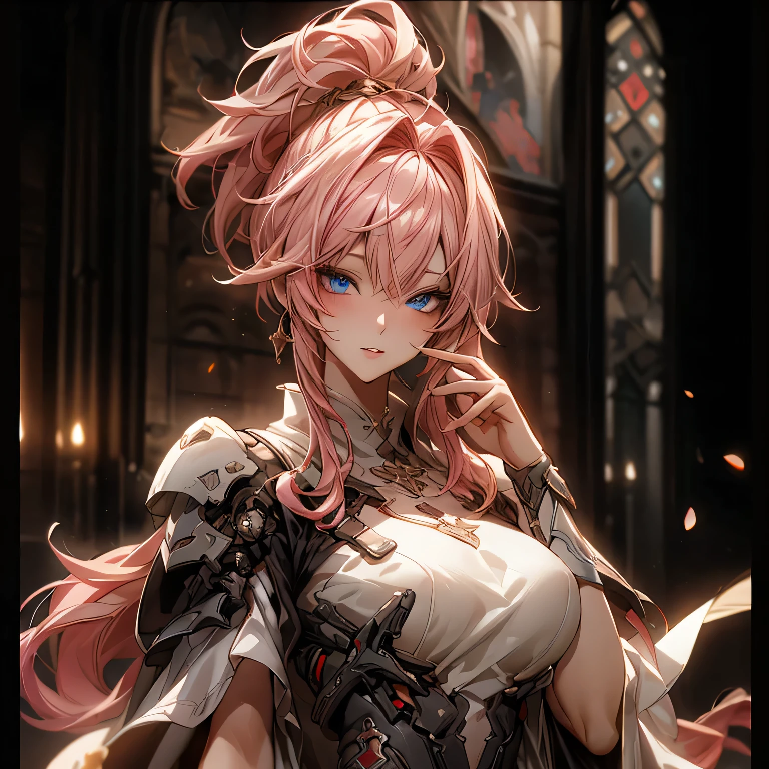 (best quality)), ((Masterpiece)), (details:1.4), 3d, HDR (high dynamic range), an image of a beautiful cyberpunk female, fantasy, medieval, pink hair, High ponytail, Golden eyes, จมูกโด่ง, ปากแดง, หน้าอกใหญ่, nvidia RTX, PBR surface, After processing, Anisotropic filtration,depth of field, Maximum clarity and clarity, multi-layered surface, Subsurface scattering, perfect proportions, 8K raw files, ultra detailed, Perfect proportions, volumetric lighting, soft lighting, Holy Paladin, Heavy Red Armor, glossy skin, chapel background, jewely, ต่างหู, นิ้วมือสมบูรณ์,