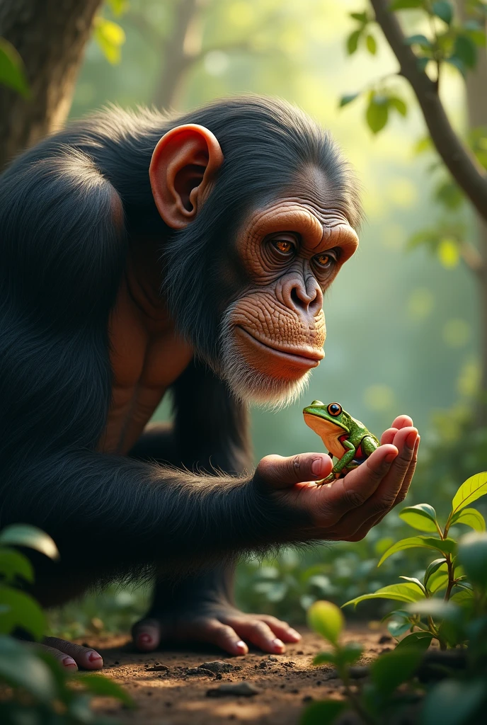 I need a picture of elder chimpanzee touching frog 