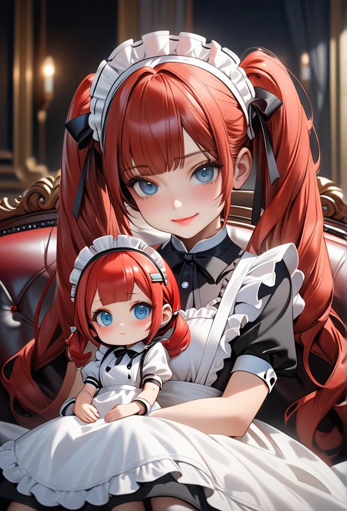 A cute maid-dressed girl and a cute miniature girl are smiling and sitting together on a sofa in a luxurious mansion, both with red hair and twin tails, the maid-dressed girl wearing a gorgeous maid outfit with cute frills and a robot-like barrette, the normal-looking girl who is sister to sister stroking the head of the chibi girl with a loving expression, the chibi girl looking at me with annoyed eyes, accurate anatomical depiction of the human body, Beautifully detailed eyes and lips, breathtakingly realistic skin,Realistic and detailed texture of maid outfit,high quality, high precision images, masterpiece, best quality, 4k, 8k, ultra-detailed, ultra-fine painting, cinematic lighting, vivid colors